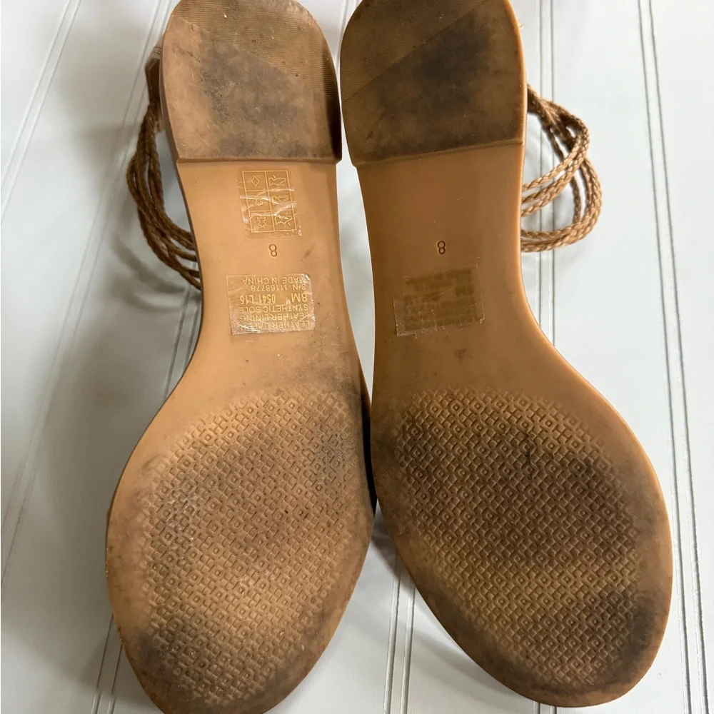 Tory Burch Mignon Braided Ankle Strap Sandals Tan Leather Gold Accents Size 8